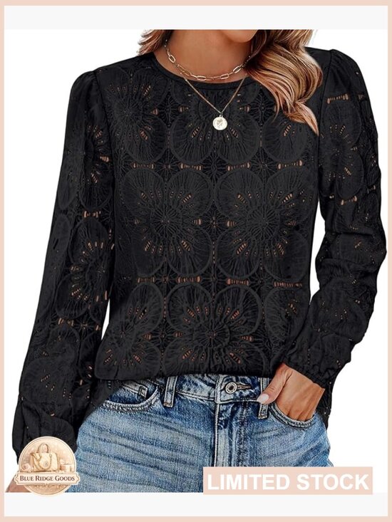 Tops - Boho Lace Crochet Blouse Long Sleeve Elegant Flowy Top Button Back Puff Sleeves